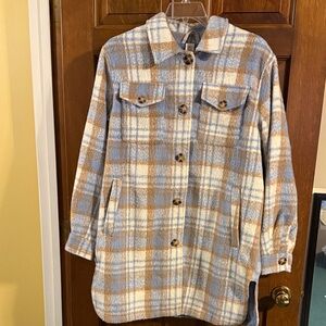Wonderly button-front Shacket XL slate blue, cream & tan plaid w/ 4 pockets NWOT